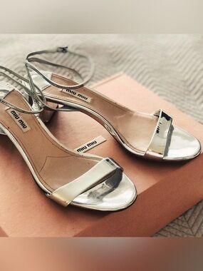 Miu Miu Metallic Silver Ankle-Strap block heels Sandals